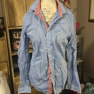 H&M Blue Button Down Shirt with Red Plaid Collar - Medium